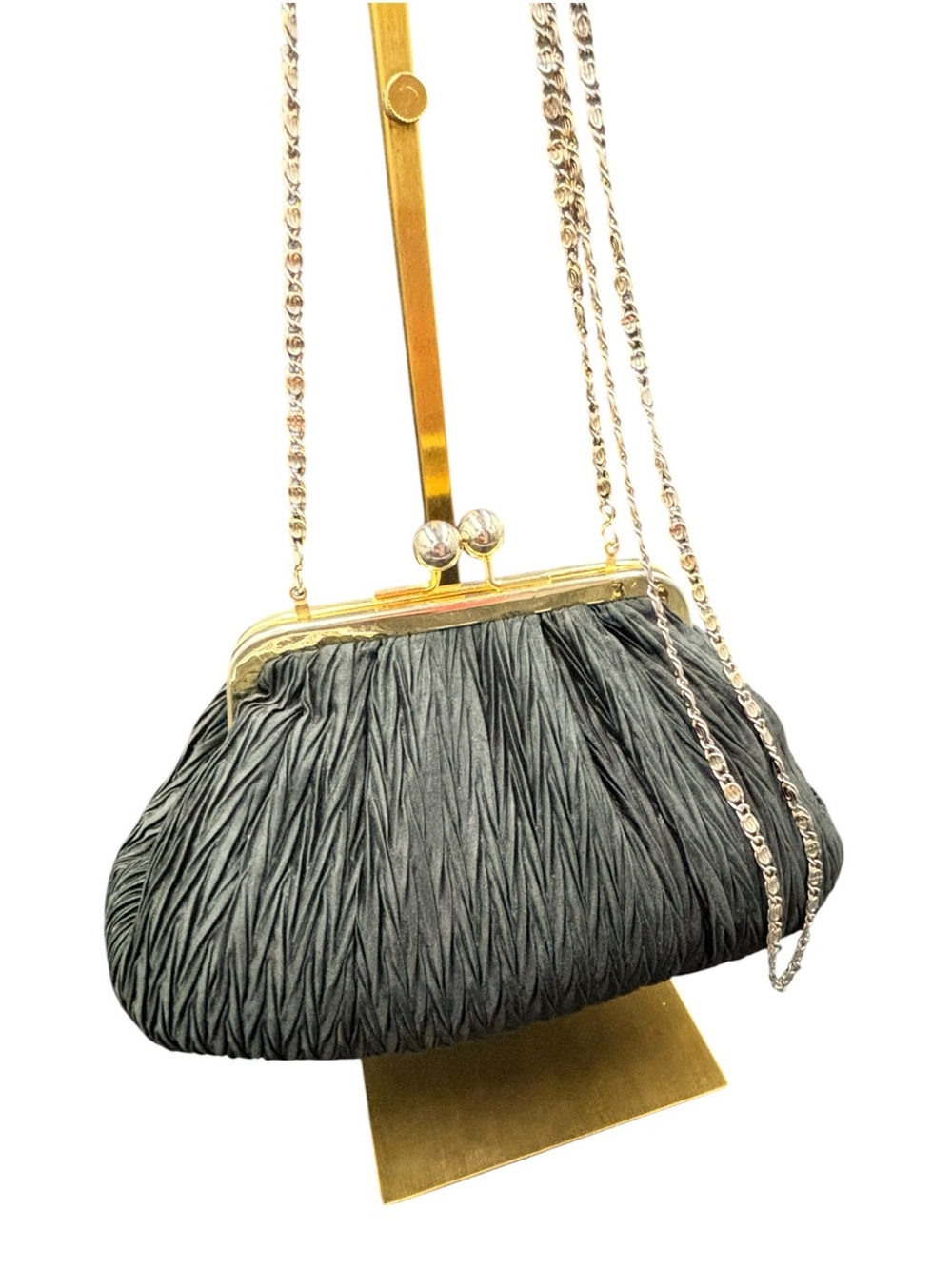 Vintage Nordstrom Black Pleated Evening Bag, Gold Tone Kiss Lock, Chain Strap - Picture 5 of 14
